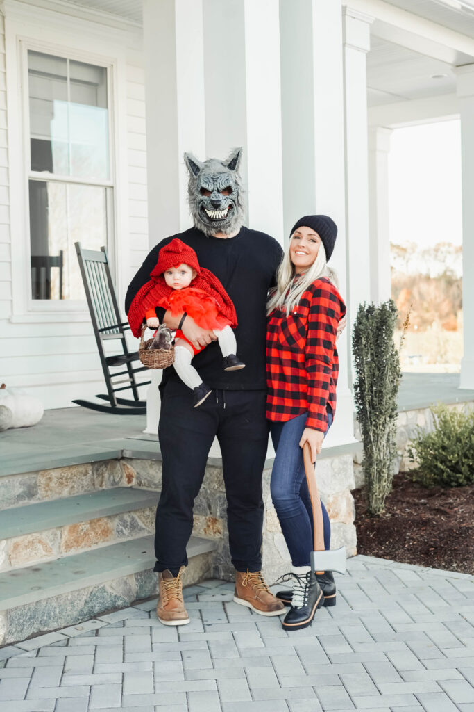 a family dressed up in little red riding hood costumes