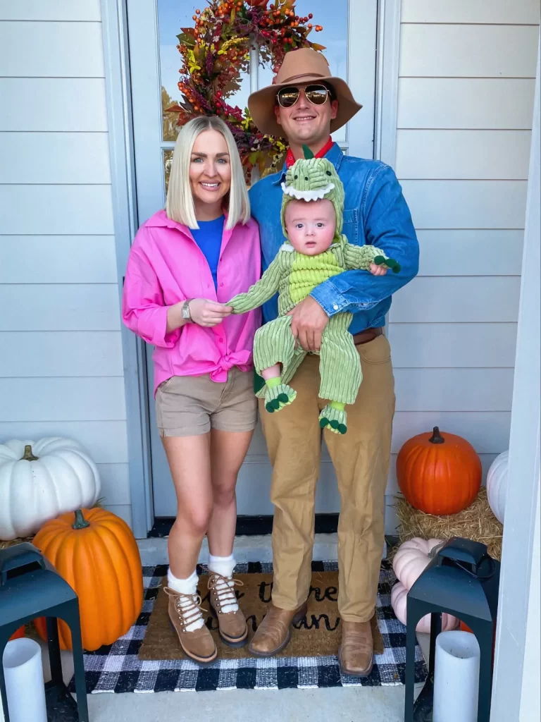 a family dressed up in jurassic park costumes