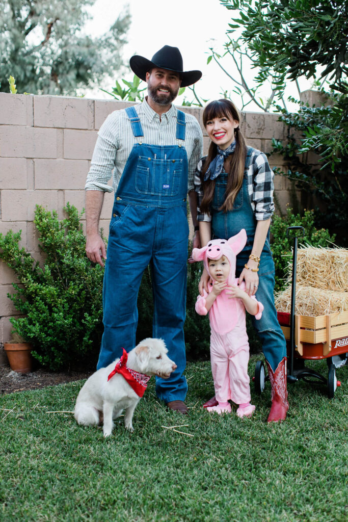 a family dressed up in farm costumes
