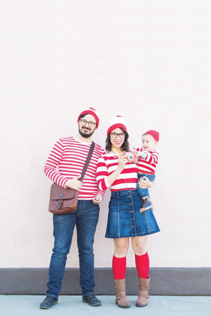 a family dressed up in where's Waldo costumes