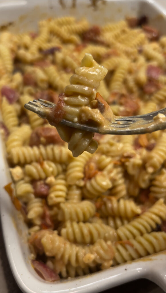 baked feta pasta on a fork